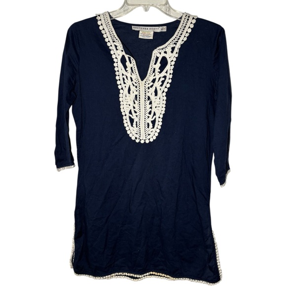 Gretchen Scott Designs Other - Gretchen Scott Navy Tunic Dress XS Embroidered Lace Trim Cotton Boho Cover Up